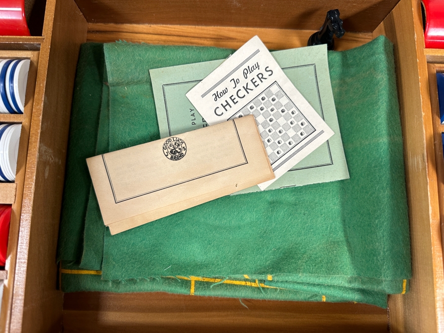 Just Added - Vintage John Samuels Co. J. S. Adult Games Good Luck Brand Portable Gambling Suitcase With Roulette Wheel, Poker, Chess, Checkers, Cards, Gambling Chips, Backgammon & More 20 X 19 X 5 [Photo 5]