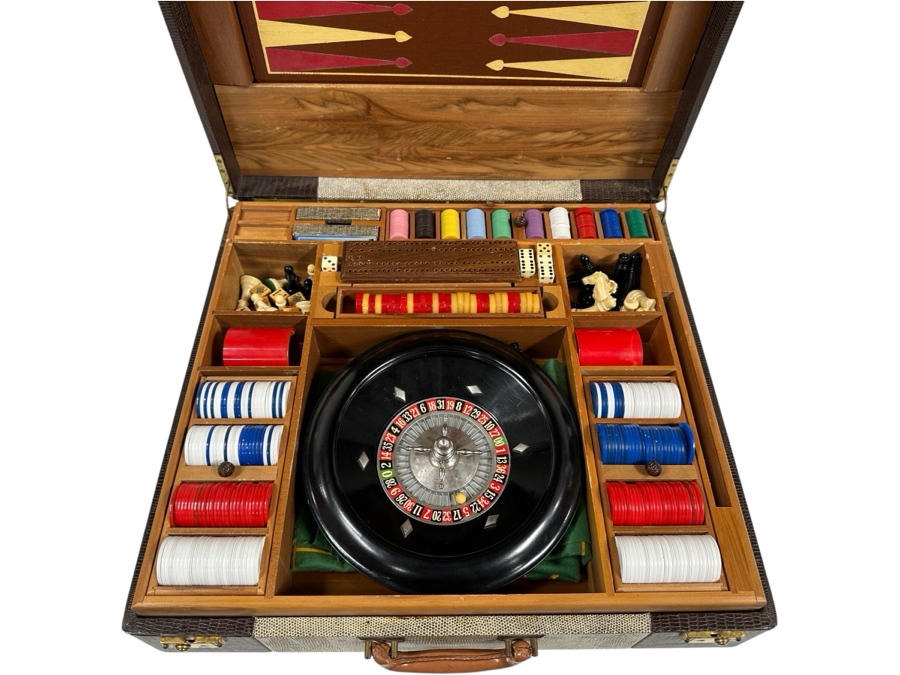 Just Added - Vintage John Samuels Co. J. S. Adult Games Good Luck Brand Portable Gambling Suitcase With Roulette Wheel, Poker, Chess, Checkers, Cards, Gambling Chips, Backgammon & More 20 X 19 X 5