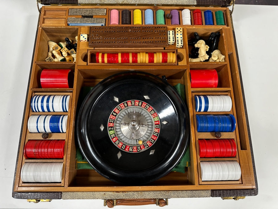 Just Added - Vintage John Samuels Co. J. S. Adult Games Good Luck Brand Portable Gambling Suitcase With Roulette Wheel, Poker, Chess, Checkers, Cards, Gambling Chips, Backgammon & More 20 X 19 X 5 [Photo 2]