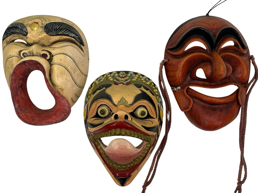 Just Added - Pair Of Vintage Japanese Masks & Carved Wooden Bali Indo Mask [Photo 1]