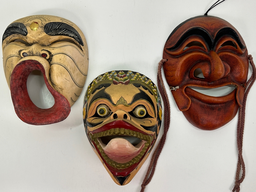 Just Added - Pair Of Vintage Japanese Masks & Carved Wooden Bali Indo Mask [Photo 2]