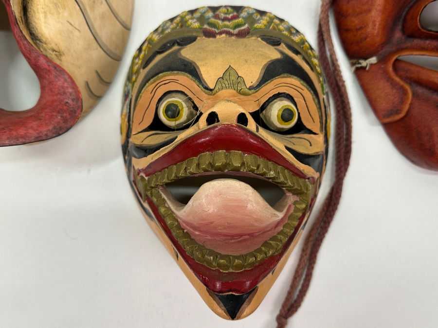 Just Added - Pair Of Vintage Japanese Masks & Carved Wooden Bali Indo Mask [Photo 3]