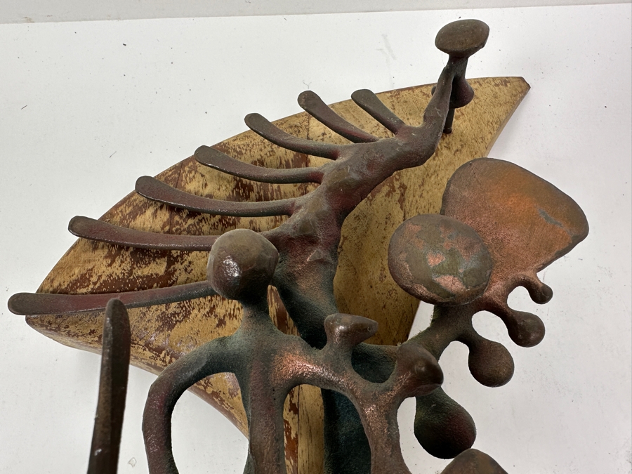 Just Added - Vintage 1972 Abstract Metal Sculpture On Wooden Base Signed Verso Lawes? 1972 10W X 16H X 4.5D [Photo 4]