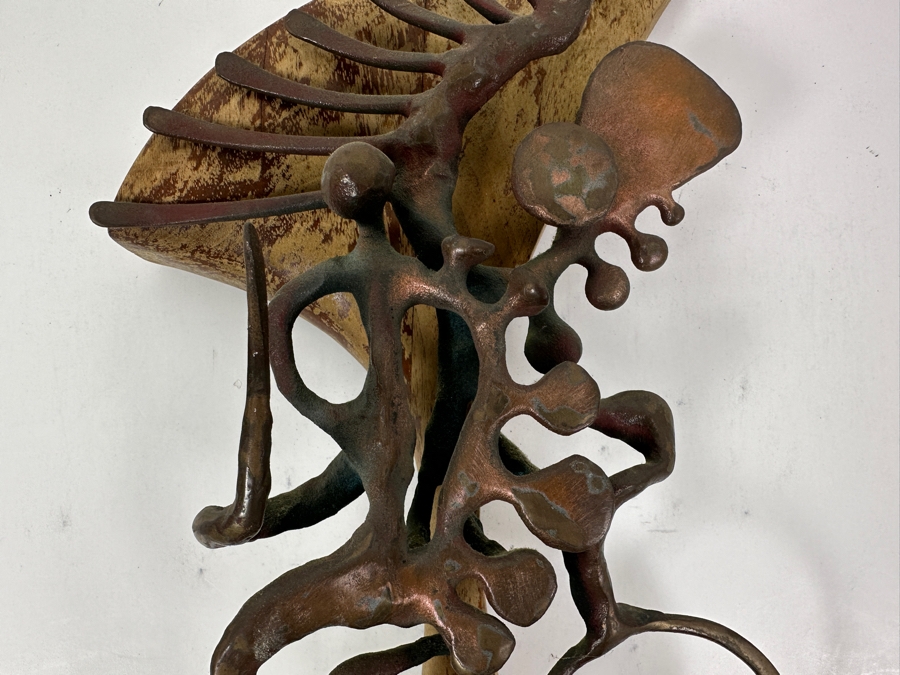 Just Added - Vintage 1972 Abstract Metal Sculpture On Wooden Base Signed Verso Lawes? 1972 10W X 16H X 4.5D [Photo 3]