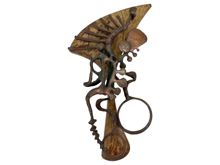 Just Added - Vintage 1972 Abstract Metal Sculpture On Wooden Base Signed Verso Lawes? 1972 10W X 16H X 4.5D