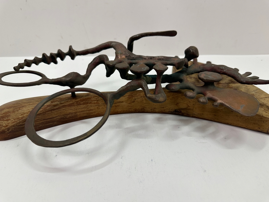 Just Added - Vintage 1972 Abstract Metal Sculpture On Wooden Base Signed Verso Lawes? 1972 10W X 16H X 4.5D [Photo 6]