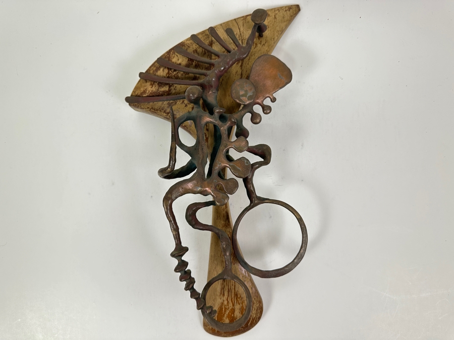 Just Added - Vintage 1972 Abstract Metal Sculpture On Wooden Base Signed Verso Lawes? 1972 10W X 16H X 4.5D [Photo 2]