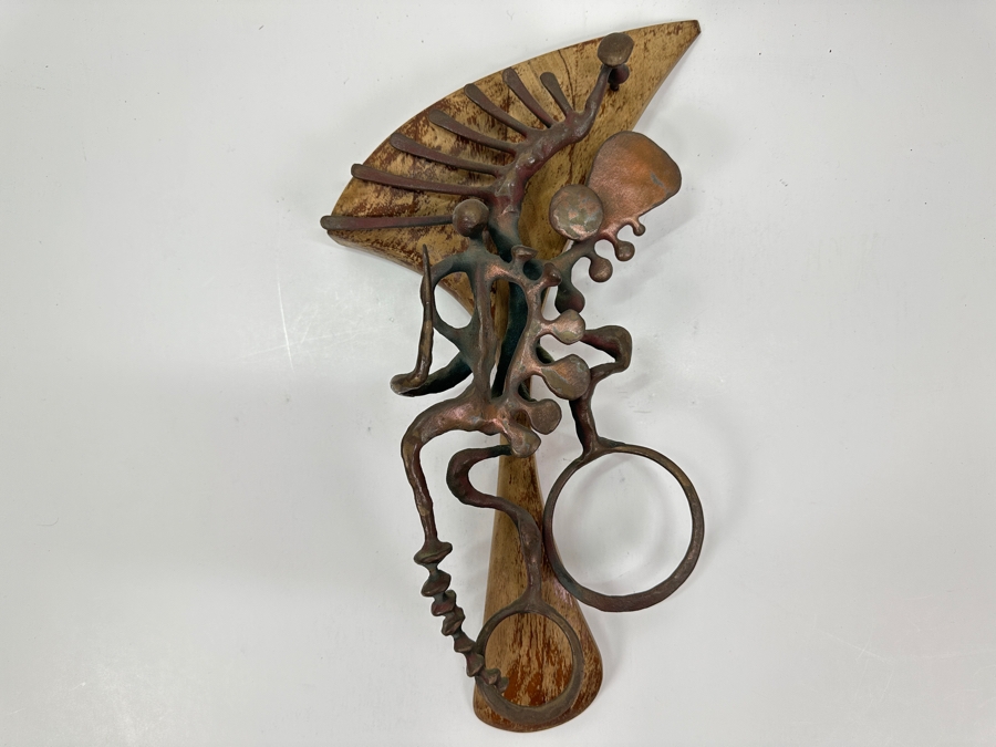 Just Added - Vintage 1972 Abstract Metal Sculpture On Wooden Base Signed Verso Lawes? 1972 10W X 16H X 4.5D [Photo 8]