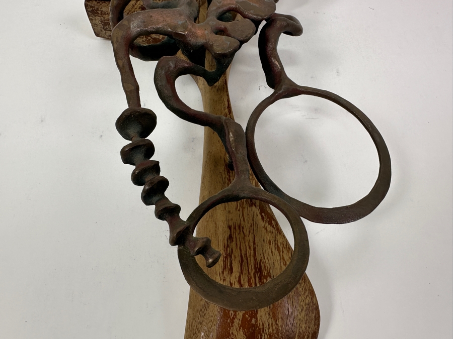 Just Added - Vintage 1972 Abstract Metal Sculpture On Wooden Base Signed Verso Lawes? 1972 10W X 16H X 4.5D [Photo 5]