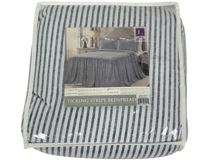 Just Added - New Lush Decor Ticking Stripe Black Queen 3 Piece Set With Bed Spread And 2 Shams Retails $200