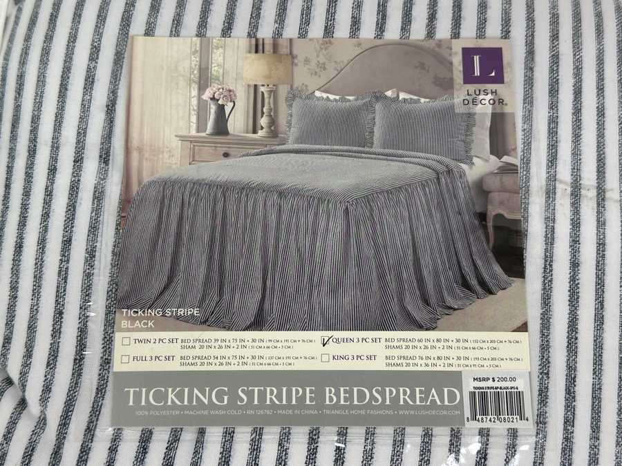 Just Added - New Lush Decor Ticking Stripe Black Queen 3 Piece Set With Bed Spread And 2 Shams Retails $200 [Photo 2]