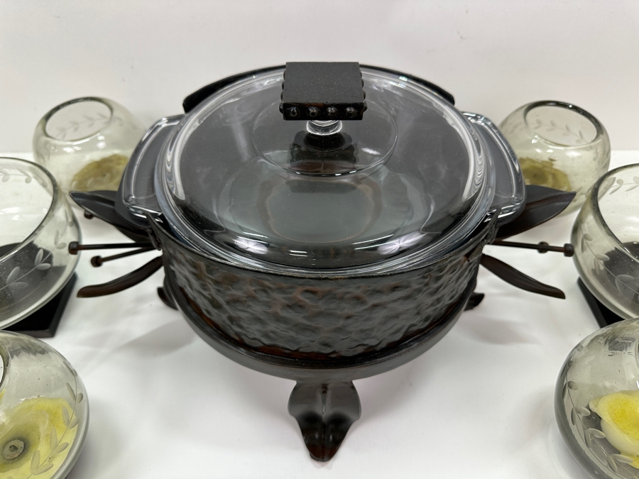 Just Added - New Jan Barboglio Forged Iron Chafer 17W, Pair Of Jan Barboglio Artisan Iron & Hand Blown Glass Bowls 6.5W & (4) Jan Barboglio Rosa Florero Glass Bowls For Floral Or Lighting 5W [Photo 4]