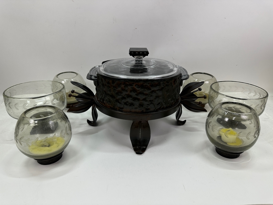 Just Added - New Jan Barboglio Forged Iron Chafer 17W, Pair Of Jan Barboglio Artisan Iron & Hand Blown Glass Bowls 6.5W & (4) Jan Barboglio Rosa Florero Glass Bowls For Floral Or Lighting 5W [Photo 2]