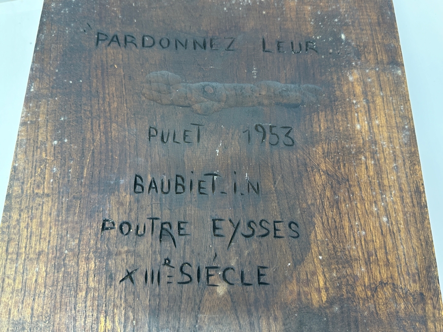 Just Added - Stunning Vintage 1953 Relief Carved Wooden Sculpture Of Jesus On The Cross Titled 'Pardonnez Leur' / 'Forgive Them' Signed Verso 12W X 19.5H X 7D [Photo 13]