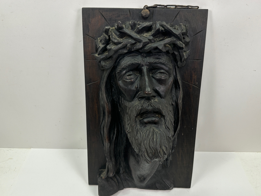 Just Added - Stunning Vintage 1953 Relief Carved Wooden Sculpture Of Jesus On The Cross Titled 'Pardonnez Leur' / 'Forgive Them' Signed Verso 12W X 19.5H X 7D [Photo 3]