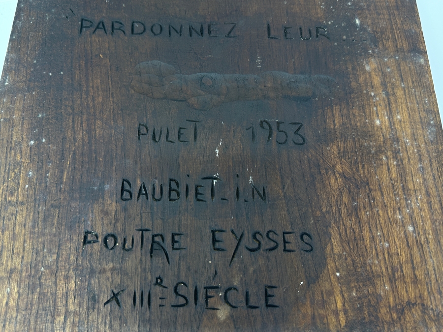 Just Added - Stunning Vintage 1953 Relief Carved Wooden Sculpture Of Jesus On The Cross Titled 'Pardonnez Leur' / 'Forgive Them' Signed Verso 12W X 19.5H X 7D [Photo 14]