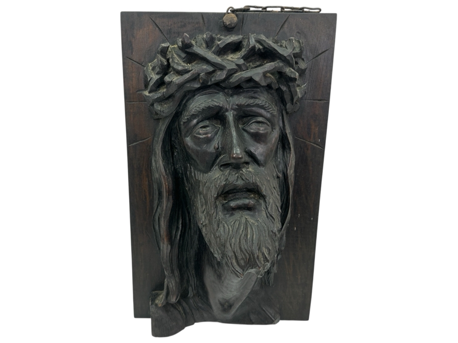 Just Added - Stunning Vintage 1953 Relief Carved Wooden Sculpture Of Jesus On The Cross Titled 'Pardonnez Leur' / 'Forgive Them' Signed Verso 12W X 19.5H X 7D
