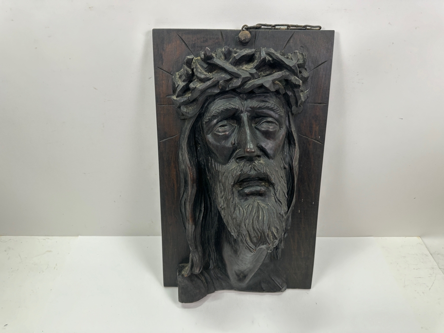 Just Added - Stunning Vintage 1953 Relief Carved Wooden Sculpture Of Jesus On The Cross Titled 'Pardonnez Leur' / 'Forgive Them' Signed Verso 12W X 19.5H X 7D [Photo 2]
