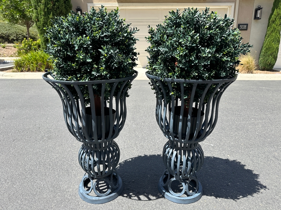 Just Added - Pair Of New With Box Frontgate Leonie Urns 25'H With Faux Flowers Retails $598