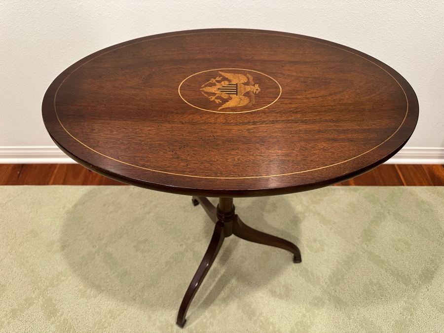 Just Added - Vintage Federal Style Eagle Shield Flag Inlaid Tilt Top Oval Table 26W X 18D X 27.5H [Photo 4]