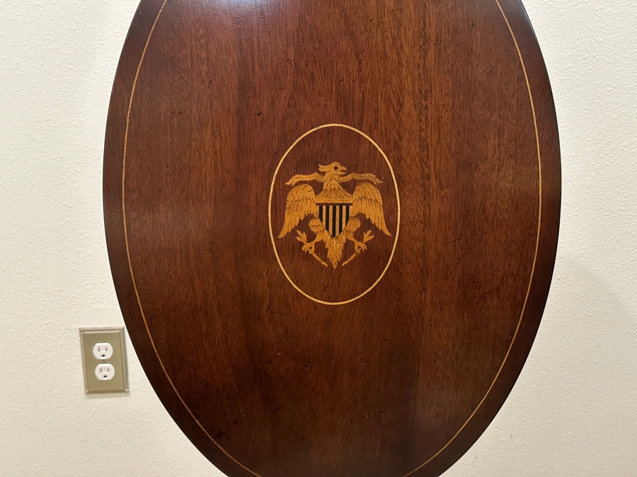 Just Added - Vintage Federal Style Eagle Shield Flag Inlaid Tilt Top Oval Table 26W X 18D X 27.5H [Photo 3]