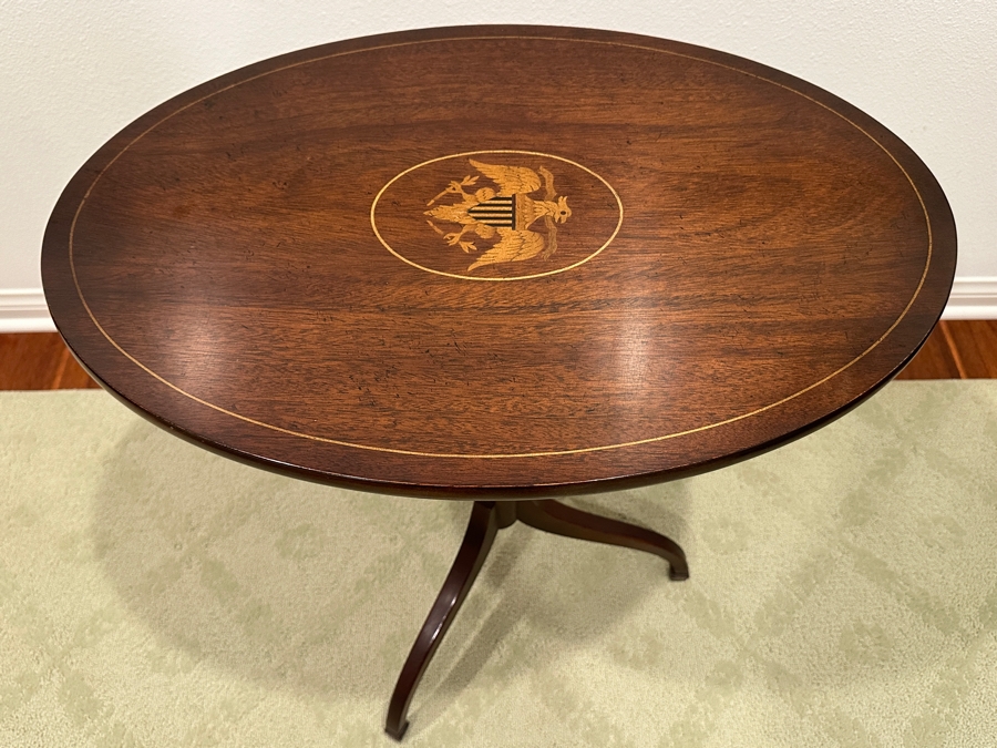 Just Added - Vintage Federal Style Eagle Shield Flag Inlaid Tilt Top Oval Table 26W X 18D X 27.5H [Photo 5]