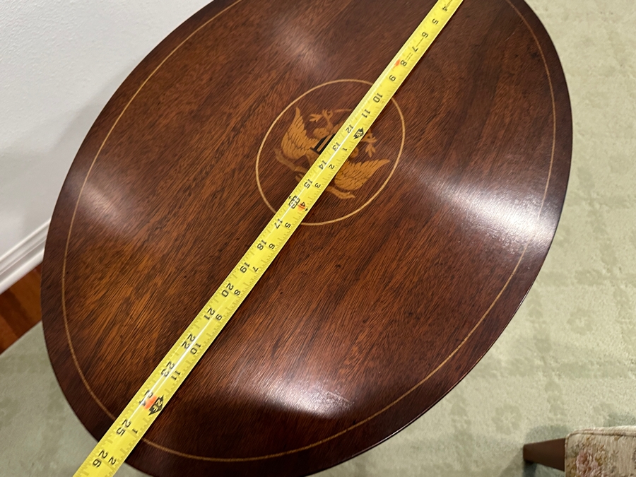 Just Added - Vintage Federal Style Eagle Shield Flag Inlaid Tilt Top Oval Table 26W X 18D X 27.5H [Photo 6]
