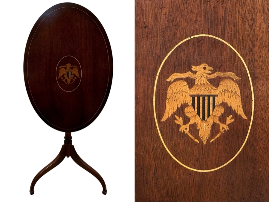 Just Added - Vintage Federal Style Eagle Shield Flag Inlaid Tilt Top Oval Table 26W X 18D X 27.5H