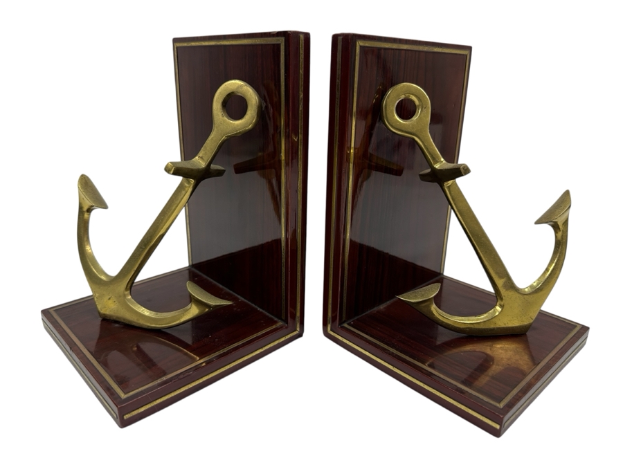 Just Added - Pair Of Wood & Brass Ship's Anchor Bookends 10W X 7.5H X 5D