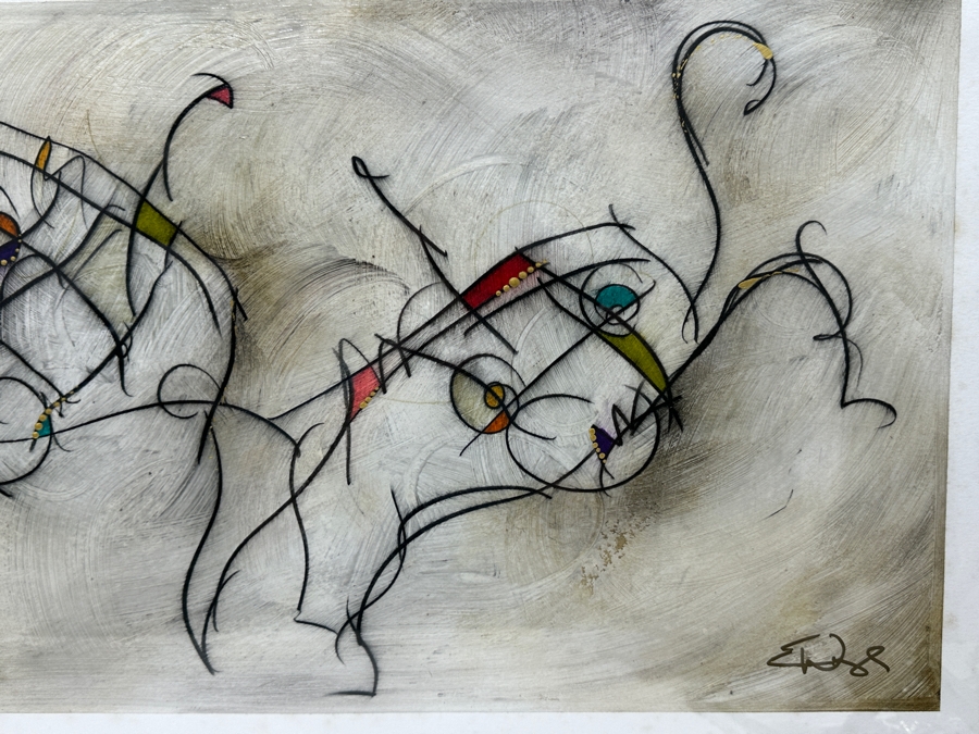 Just Added - Eric Waugh (B. 1963, Canadian) Original Mixed Media On Paper Pop Fusion Artwork In The Style Of Joan Miro Titled 'INDI SR#3' Signed Lower Right 38 X 15 Framed 52 X 28 [Photo 3]