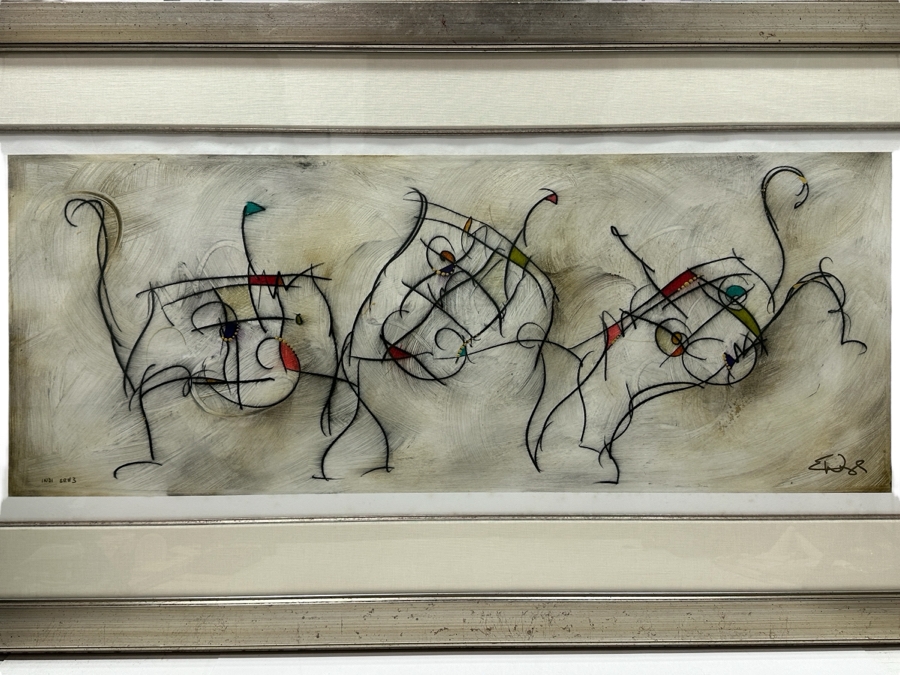 Just Added - Eric Waugh (B. 1963, Canadian) Original Mixed Media On Paper Pop Fusion Artwork In The Style Of Joan Miro Titled 'INDI SR#3' Signed Lower Right 38 X 15 Framed 52 X 28