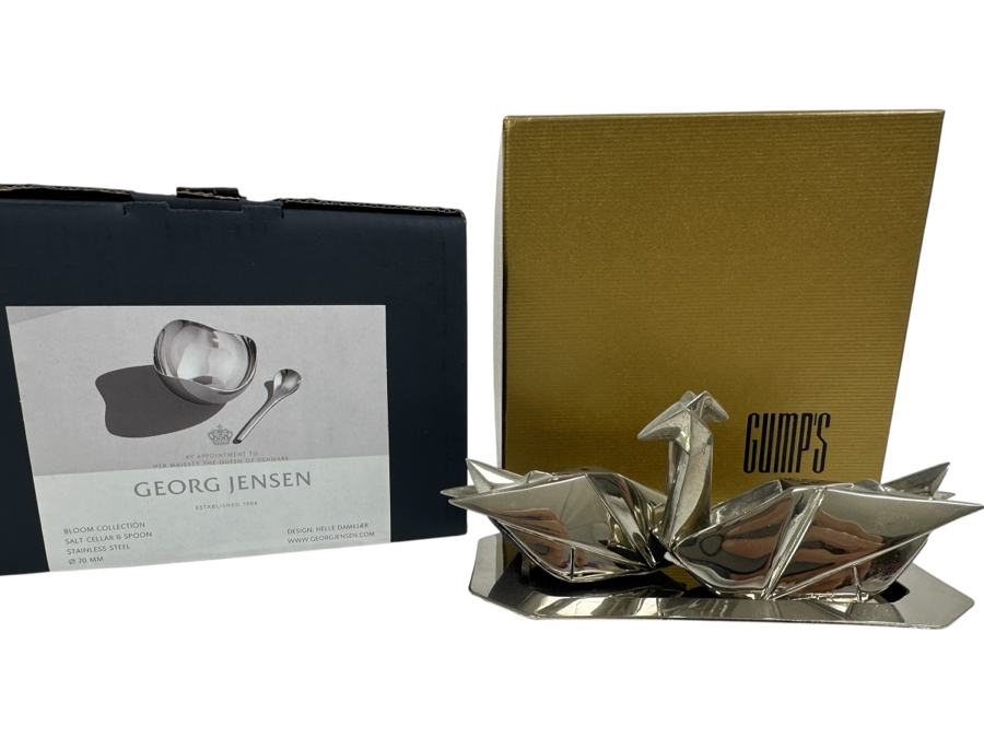 Just Added - New Georg Jensen Stainless Steel Bloom Collection Salt Cellar & Spoon And Gump's Jiallo Origami Stainless Steel Salt & Pepper Shakers