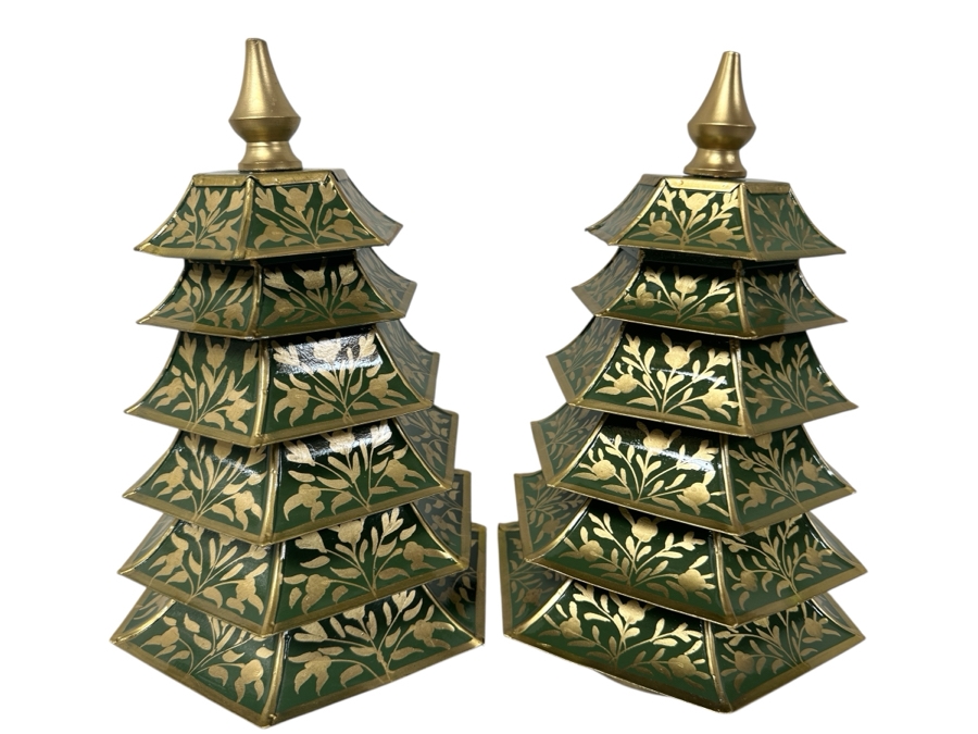 Just Added - Pair Of Metal Painted Green & Gold Floral Chinoiserie Trees 12'H Retails $120