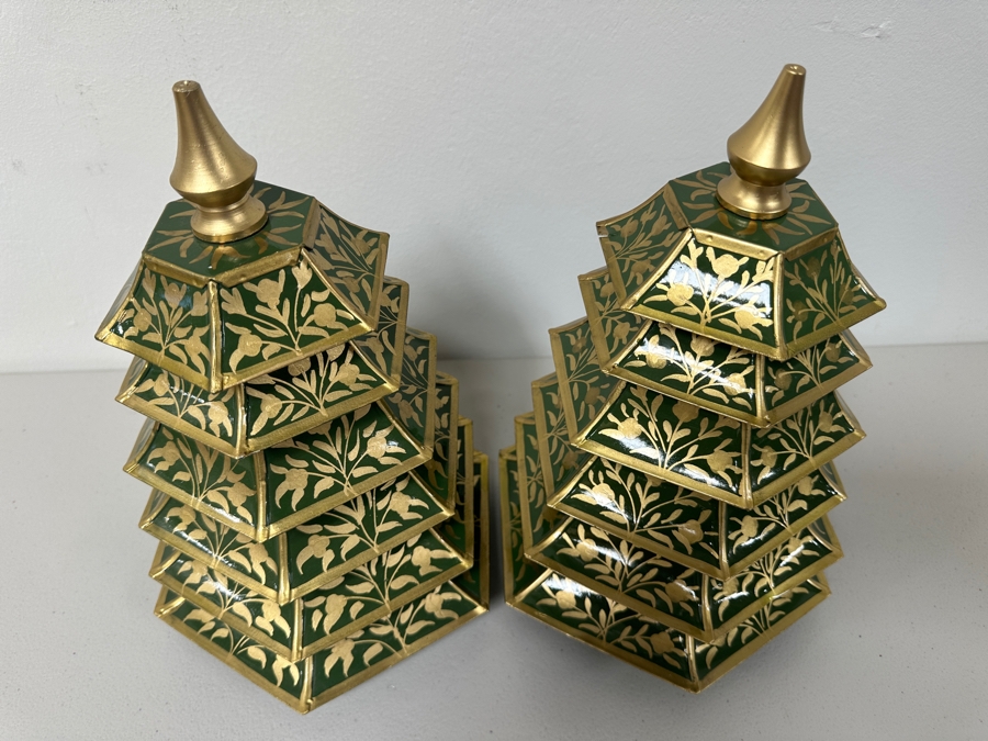 Just Added - Pair Of Metal Painted Green & Gold Floral Chinoiserie Trees 12'H Retails $120 [Photo 3]