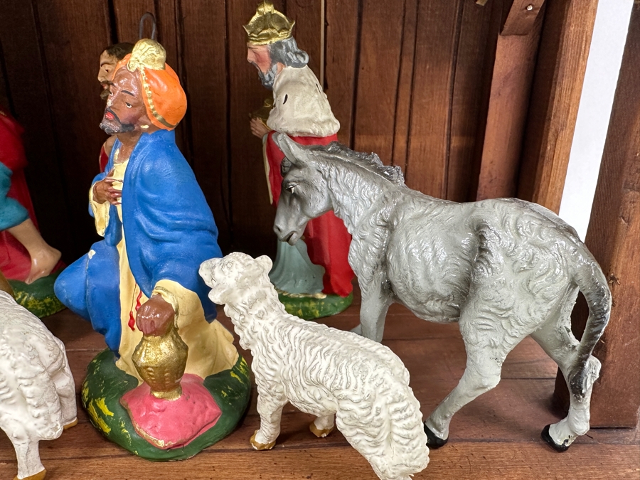Just Added - Nativity Set With Wooden Manger And Italian And German Figurines 21W X 8D X 10H [Photo 11]