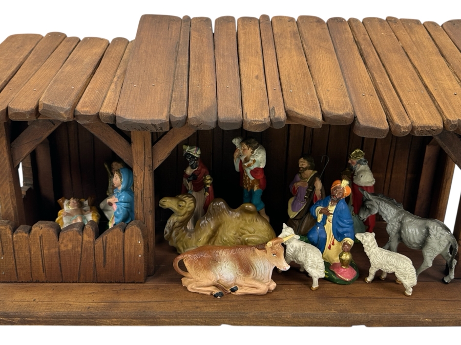 Just Added - Nativity Set With Wooden Manger And Italian And German Figurines 21W X 8D X 10H