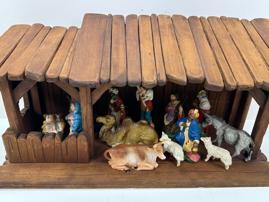 Just Added - Nativity Set With Wooden Manger And Italian And German Figurines 21W X 8D X 10H [Photo 3]