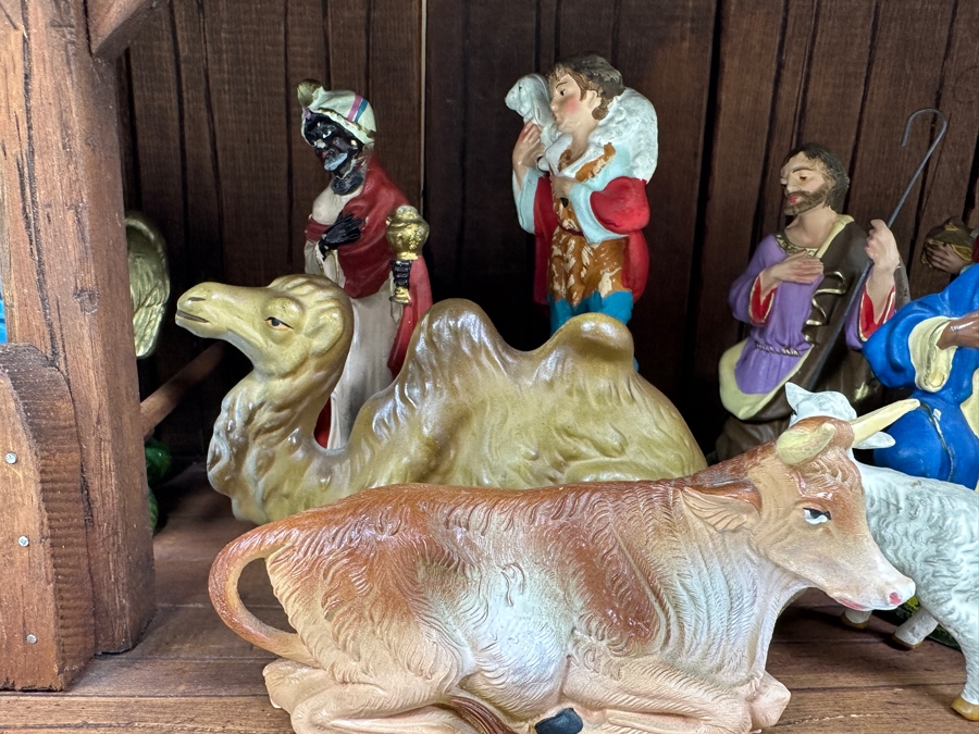 Just Added - Nativity Set With Wooden Manger And Italian And German Figurines 21W X 8D X 10H [Photo 13]