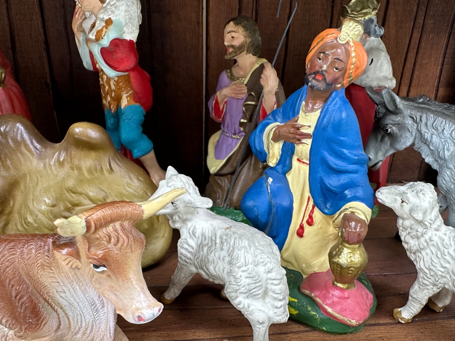 Just Added - Nativity Set With Wooden Manger And Italian And German Figurines 21W X 8D X 10H [Photo 8]