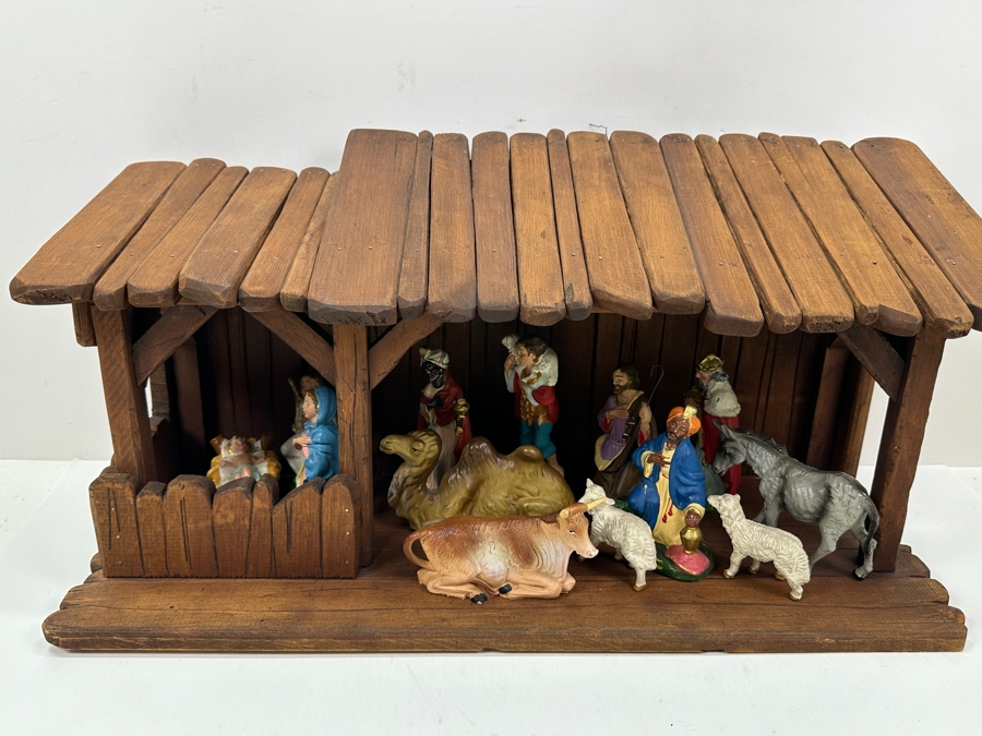 Just Added - Nativity Set With Wooden Manger And Italian And German Figurines 21W X 8D X 10H [Photo 2]
