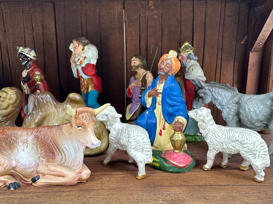 Just Added - Nativity Set With Wooden Manger And Italian And German Figurines 21W X 8D X 10H [Photo 12]