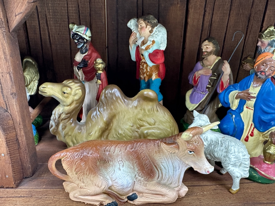 Just Added - Nativity Set With Wooden Manger And Italian And German Figurines 21W X 8D X 10H [Photo 6]