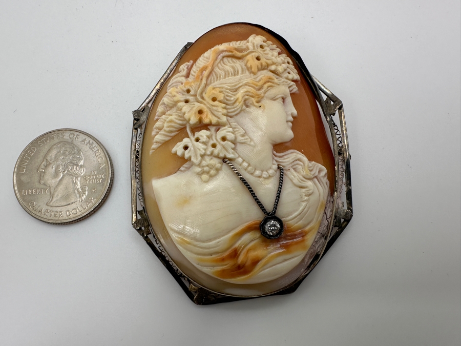Vintage Sterling Silver Carved Shell Cameo Brooch / Pin 22.4g [Photo 7]