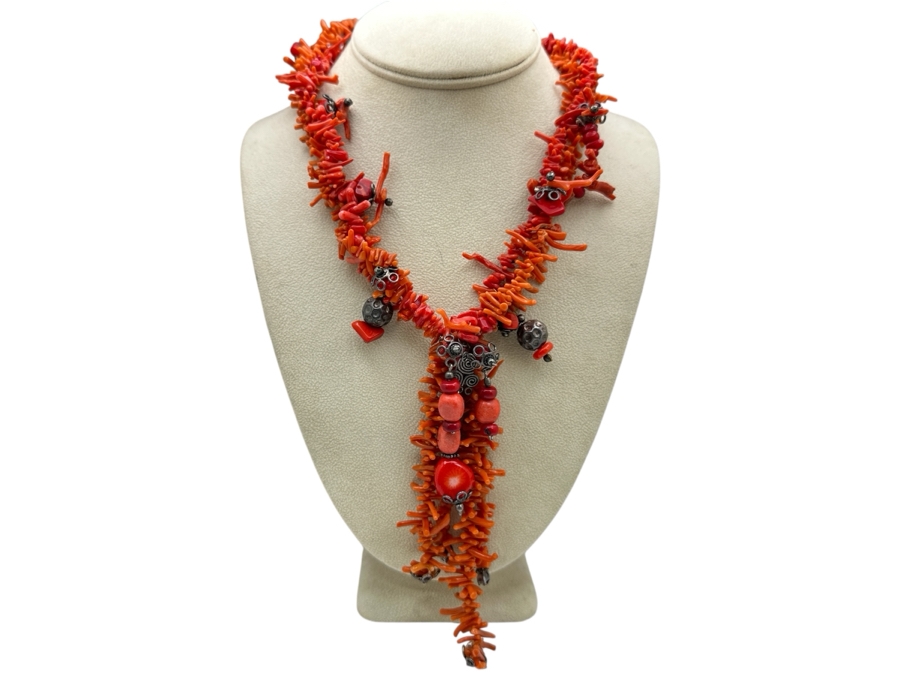 Red Coral & Sterling Silver 18' Statement Necklace [Photo 1]