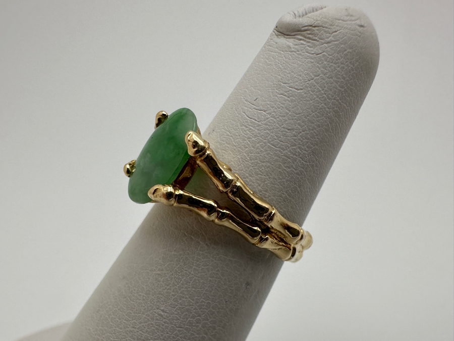14k Gold 10x8mm Oval Cabochon Jade Bamboo Style Ring Size 5 3.9g Retails $1,200 [Photo 5]