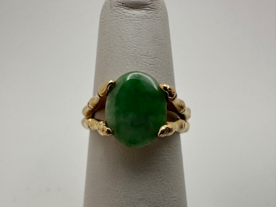 14k Gold 10x8mm Oval Cabochon Jade Bamboo Style Ring Size 5 3.9g Retails $1,200 [Photo 3]