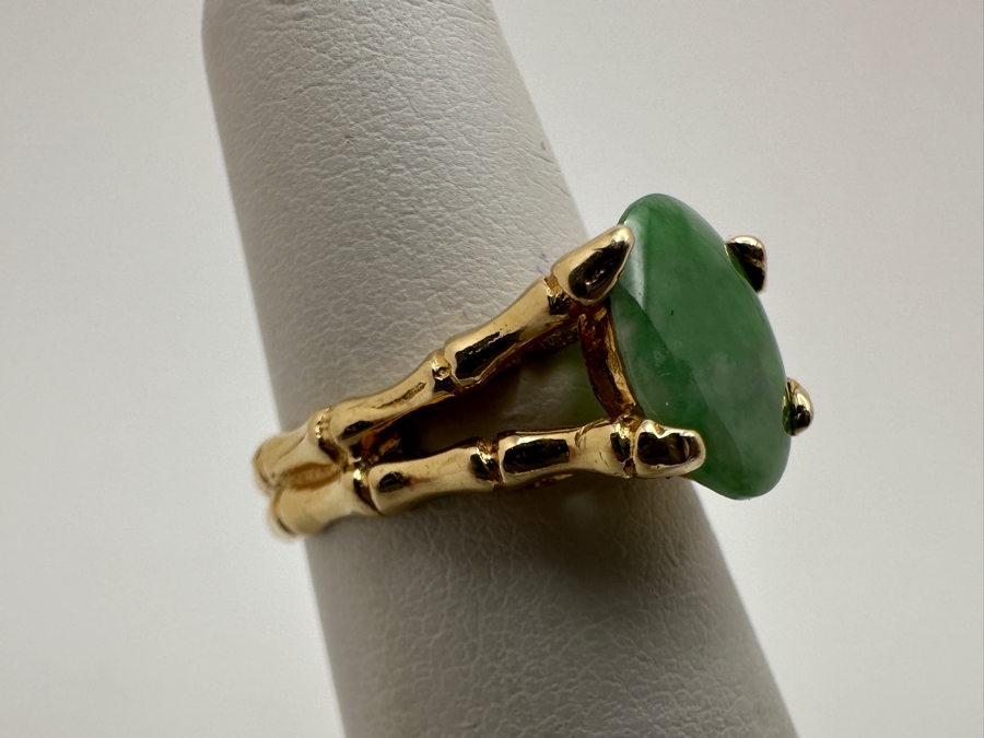 14k Gold 10x8mm Oval Cabochon Jade Bamboo Style Ring Size 5 3.9g Retails $1,200 [Photo 4]