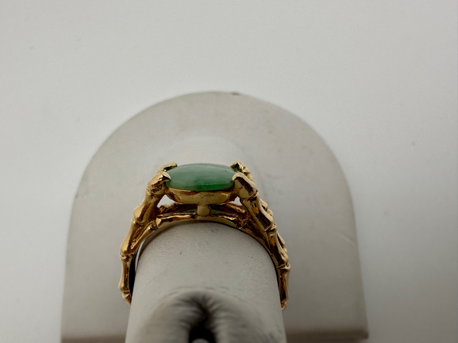 14k Gold 10x8mm Oval Cabochon Jade Bamboo Style Ring Size 5 3.9g Retails $1,200 [Photo 6]