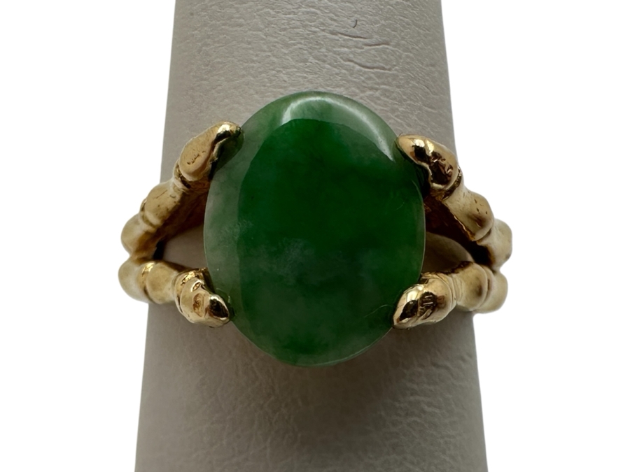 14k Gold 10x8mm Oval Cabochon Jade Bamboo Style Ring Size 5 3.9g Retails $1,200 [Photo 2]