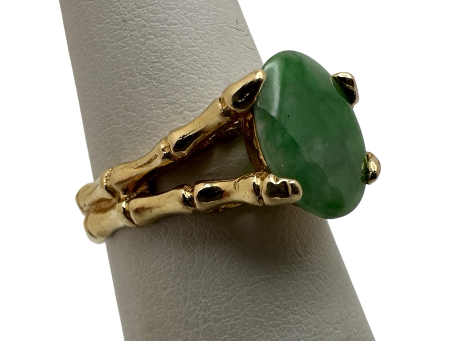14k Gold 10x8mm Oval Cabochon Jade Bamboo Style Ring Size 5 3.9g Retails $1,200 [Photo 1]